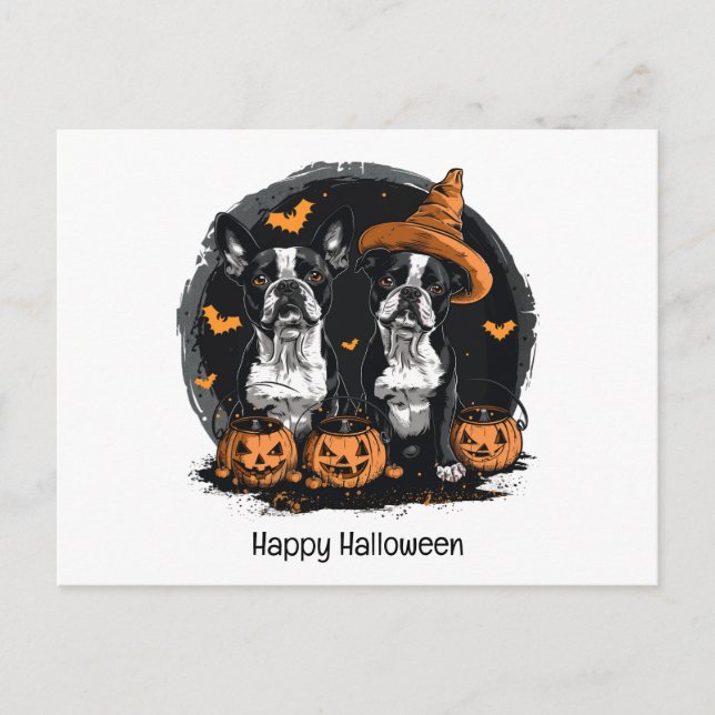 Cartão Postal Feliz Halloween Boston Terrier Dogs (Frente)