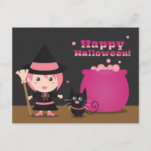 Cartão Postal Feliz Halloween, Bruxa Rosa Fofa e Gato Preto