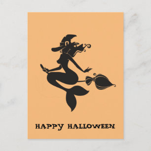 Cartão Postal Feliz Halloween Bruxa Sereia da Broom Postcard