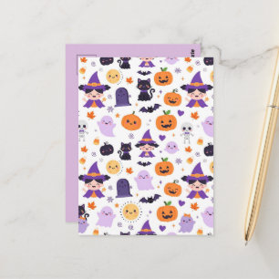 Cartão Postal Feliz Halloween Bruxas Fantasmas Gatos Morcegos Ab