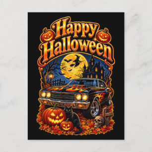Cartão Postal Feliz Halloween Carro Musculoso Clássico Vintage d