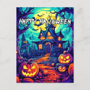 Cartão Postal Feliz Halloween Casa Assombrada Assustadora