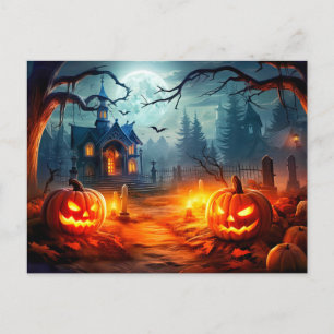 Cartão Postal Feliz Halloween Casa Assombrada Sinistra & Abóbora
