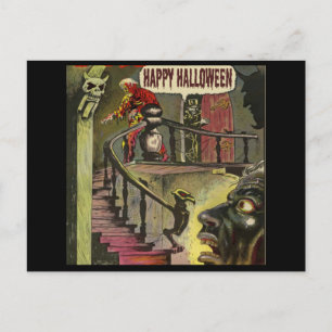 Cartão Postal Feliz Halloween com casa assombrada e fantasma