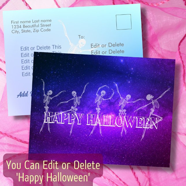 Cartão Postal Feliz Halloween dançando esqueleto de dança neonat (Criador carregado)