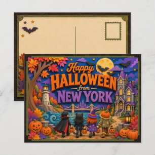 Cartão Postal Feliz Halloween de Crianças de Nova York