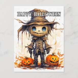 Cartão Postal Feliz Halloween   Espantalho de boneca de trapo fo