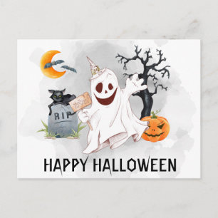 Cartão Postal Feliz Halloween Fantasma Aquarela