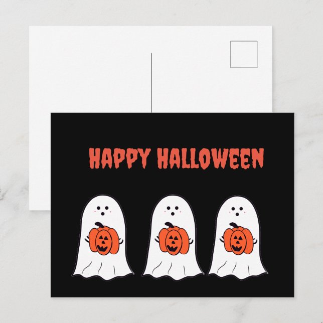 Cartão Postal Feliz Halloween Fantasmas com Jack-o-Lanterns (Frente/Verso)