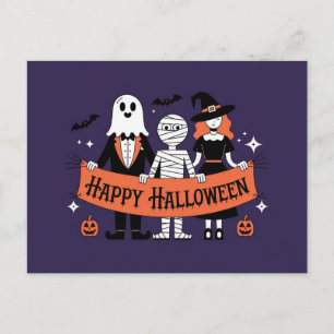 Cartão Postal Feliz Halloween   Fantasminha, Múmia e Bruxa