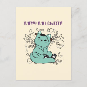 Cartão Postal Feliz Halloween Frankenstein Cat