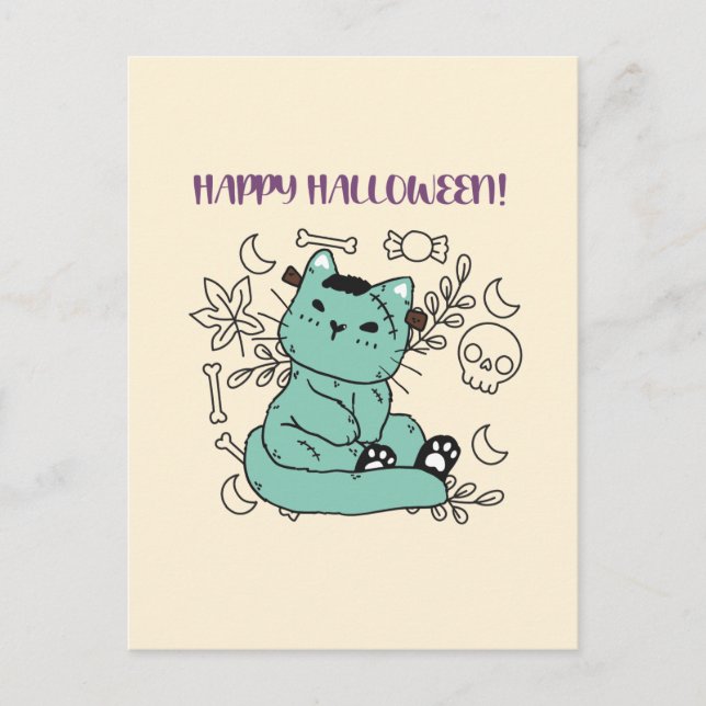 Cartão Postal Feliz Halloween Frankenstein Cat (Frente)
