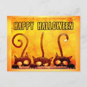 Cartão Postal Feliz Halloween Gato Preto Fofo Laranja