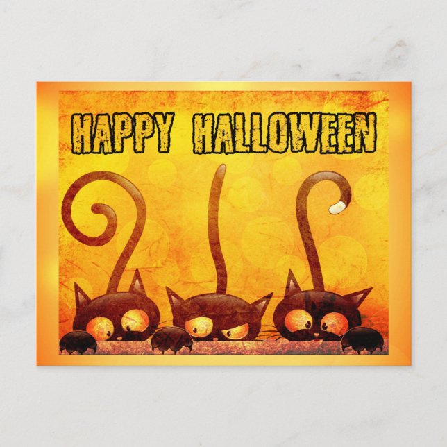 Cartão Postal Feliz Halloween Gato Preto Fofo Laranja (Frente)