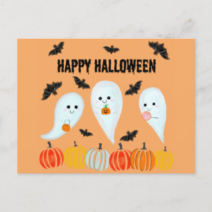 Cartão Postal Feliz Halloween Ghost Bat Pumpkin