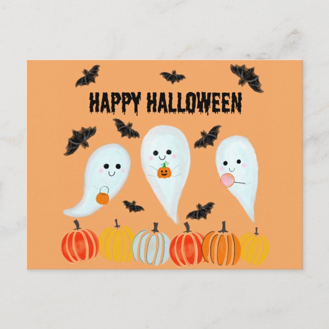 Cartão Postal Feliz Halloween Ghost Bat Pumpkin (Frente)