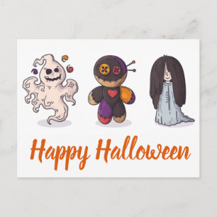 Cartão Postal Feliz Halloween Ghost Voodoo Doll and Girl