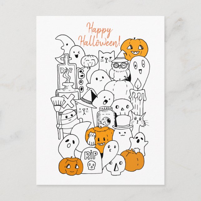Cartão Postal Feliz Halloween Kawaii Doodle (Frente)