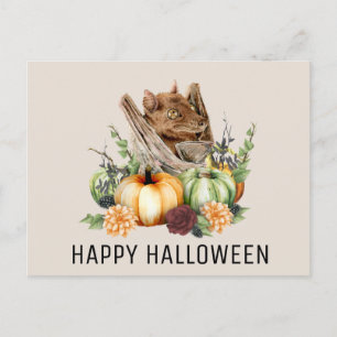 Cartão Postal Feliz Halloween Morcego Fofo com Abóboras