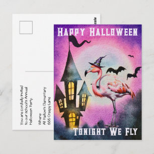 Cartão Postal Feliz Halloween Morcegos Flamingo Castelo Assombra