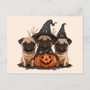 Cartão Postal Feliz Halloween Pugs Jack O Lanternas