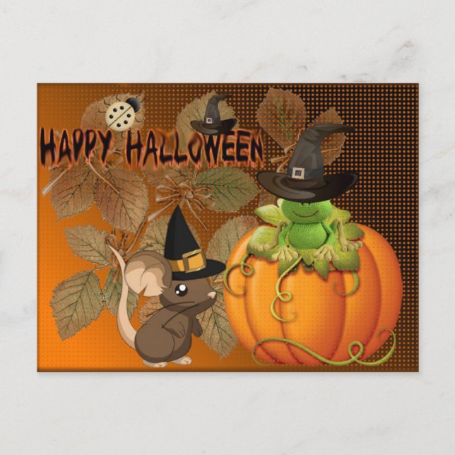 Cartão Postal Feliz Halloween, ratones, calabazas y ranas (Frente)