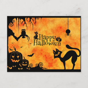 Cartão Postal Feliz Halloween Silhouette Black Cat e Amigos