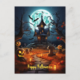 Cartão Postal Feliz Halloween Skeleton Skull Casa Assombrada