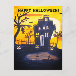 Cartão Postal Feliz Halloween Spooky Bats Watercolor Vintage