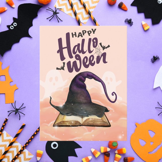 Cartão Postal Feliz Halloween Watercolor Witold Hat e Spellbook (Criador carregado)