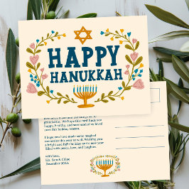 Cartão Postal FELIZ HANUKKAH Coroa de Flores Menorá Texto Person