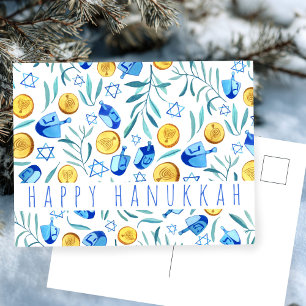 Cartão Postal Feliz Hanukkah Driedel Gelt Aquarela PERSONALIZADO