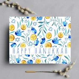 Cartão Postal Feliz Hanukkah Driedel Gelt Watercolor PERSONALIZA