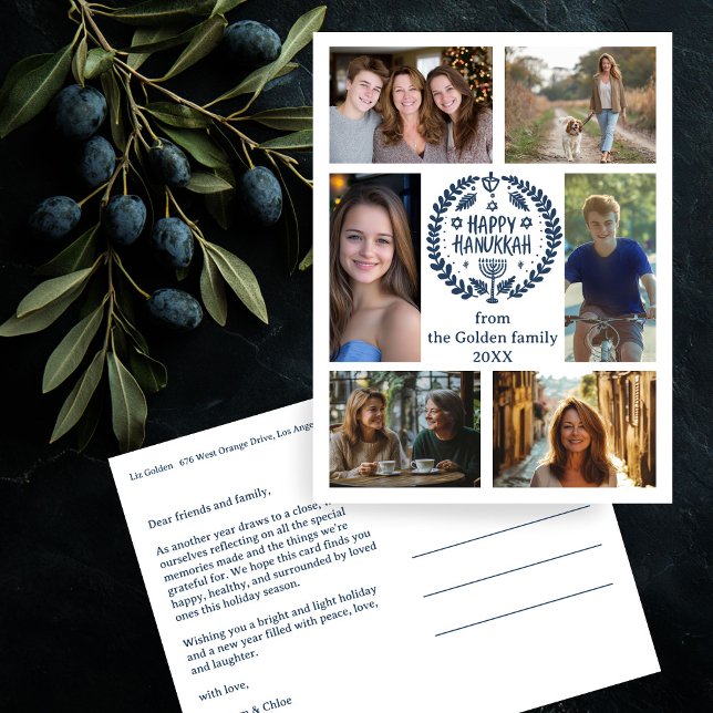 Cartão Postal FELIZ HANUKKAH Feriado 6 FOTO PERSONALIZADO, desen (HAPPY HANUKKAH Hand-Drawn CUSTOM 6 PHOTO Holiday Postcard
)