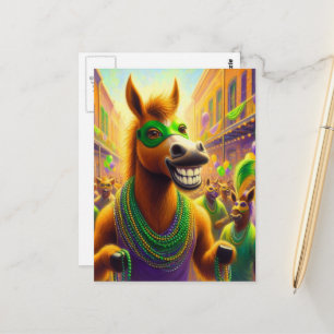 Cartão Postal Feliz Mardi Gras Horse Engraçado com Miçangas