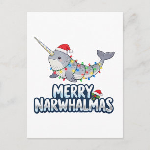 Cartão Postal Feliz Narwhalmas Usando um Chapéu de Papai Noel Na