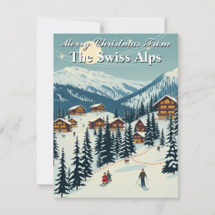 Cartão Postal Feliz Natal Alpes Suíços Vila de Esqui Alpino