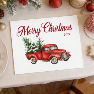 Cartão Postal Feliz Natal Aquarela Caminhão Vermelho Vintage Ano