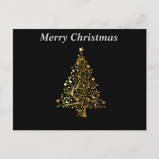 Cartão Postal Feliz Natal, Árvore Negra e Dourada (Frente)