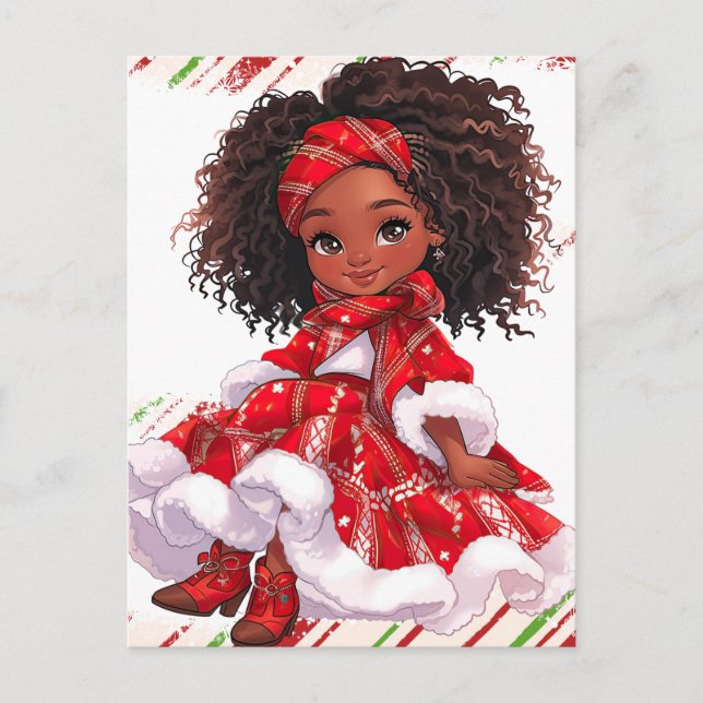 Cartão Postal Feliz Natal Black Girl Melanin Girls Xmas Red (Frente)