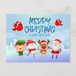 Cartão Postal Feliz Natal Boneco de Neve Papai Noel Rudolph Elfo