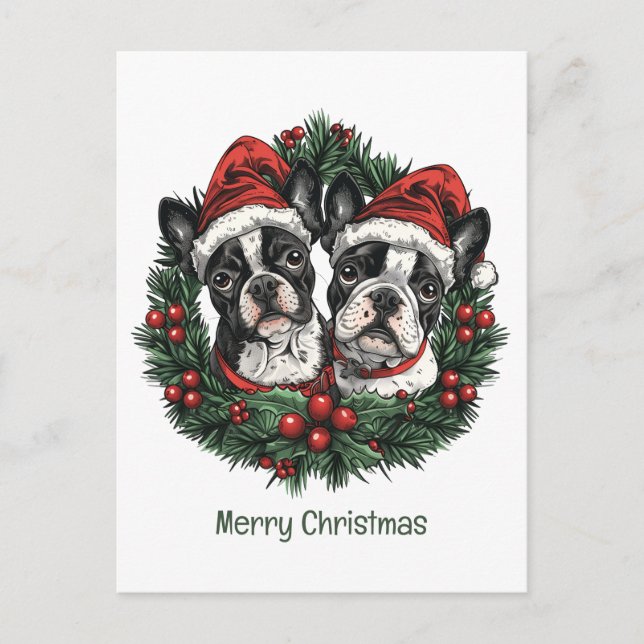 Cartão Postal Feliz Natal Boston Terrier Cães Feriados Feriados  (Frente)