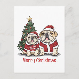 Cartão Postal Feliz Natal Bulldog Inglês Chapéus de Papai Noel