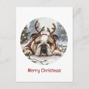 Cartão Postal Feliz Natal - Bulldog Reindeer