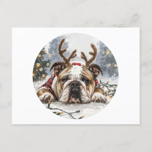 Cartão Postal Feliz Natal Bulldogue Inglês Rena