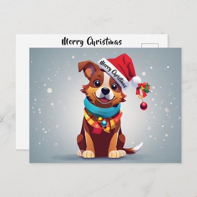 Cartão Postal Feliz Natal Cachorrinho Bonito Enfeitado Chapéu de (Frente/Verso)