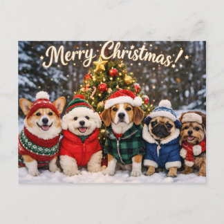 Cartão Postal Feliz Natal Cachorros Fofos e Árvore de Natal