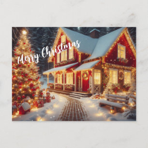 Cartão Postal Feliz Natal - Casa Luz e Árvore de Natal