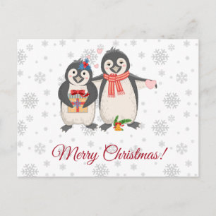 Cartão Postal Feliz Natal Casal de Pinguins Fofos