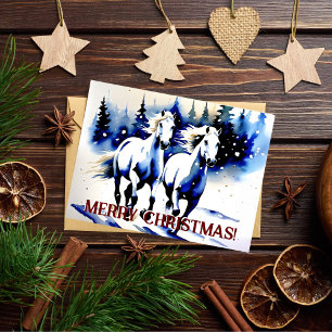 Cartão Postal Feliz Natal, cavalos brancos, saudações de aquarel